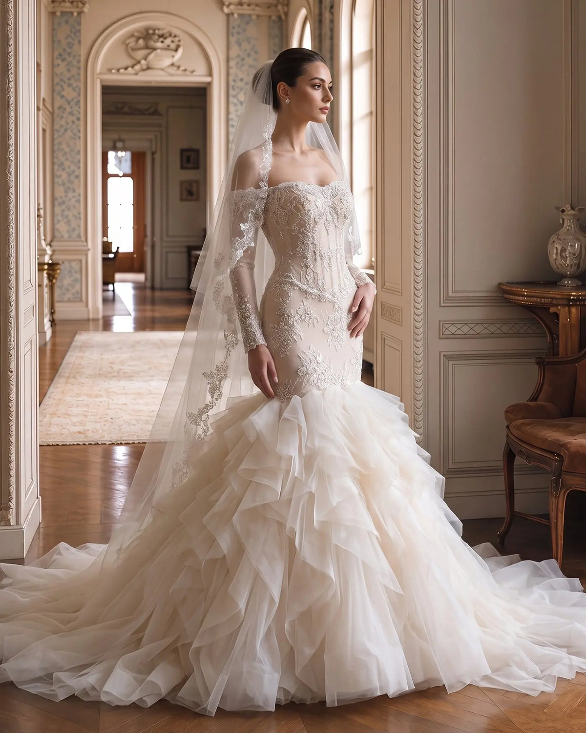 Off White Lace Long Sleeve Corset Mermaid Wedding Gown Sheer Fairy