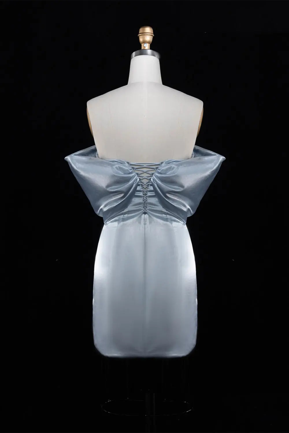 Light Blue Satin Off-Shoulder Sheath Mini Homecoming Dress RM185 Sheer Fairy