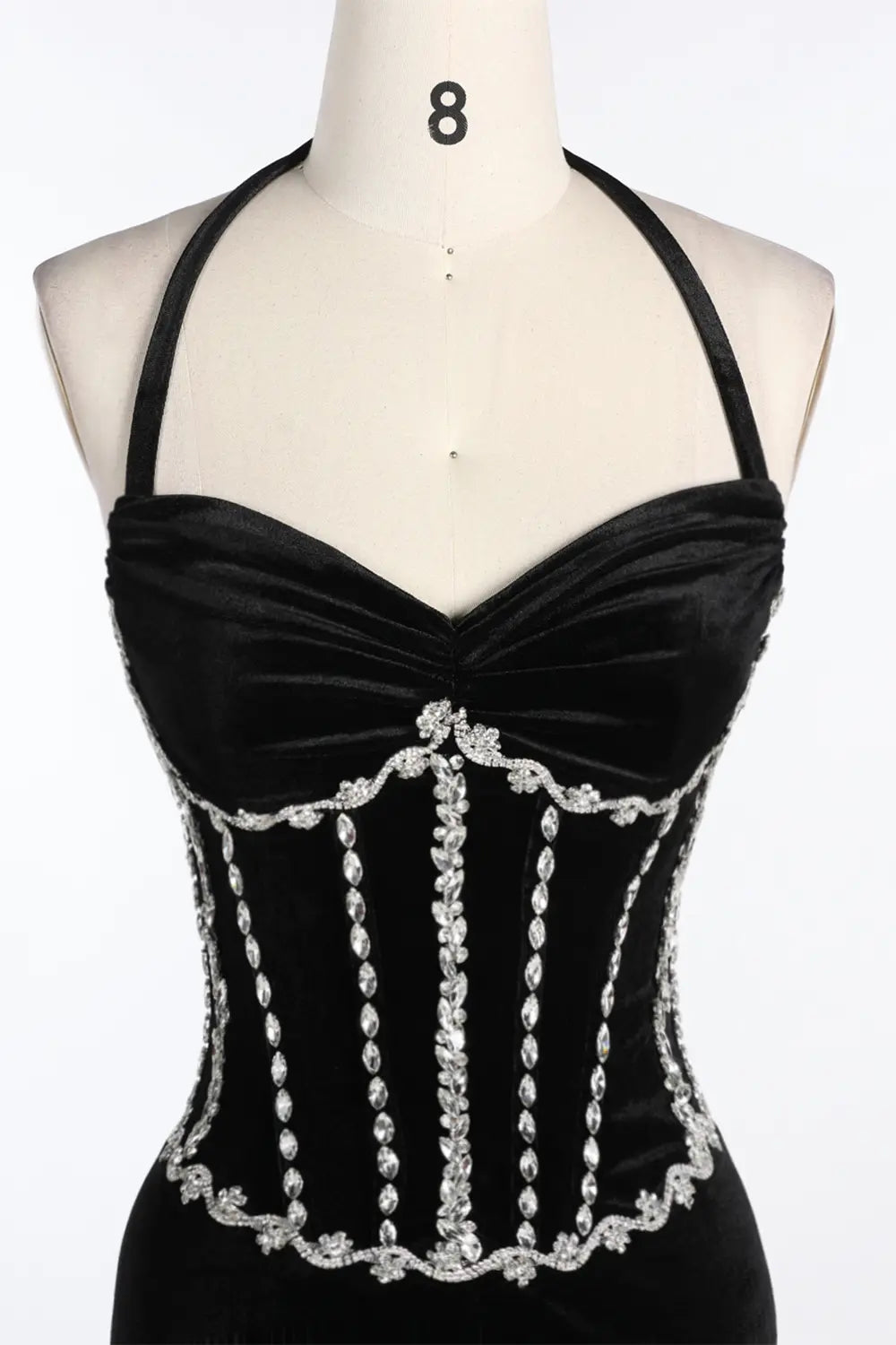 Black Halter Corset Slit Velvet Evening Dress ST094 Sheer Fairy