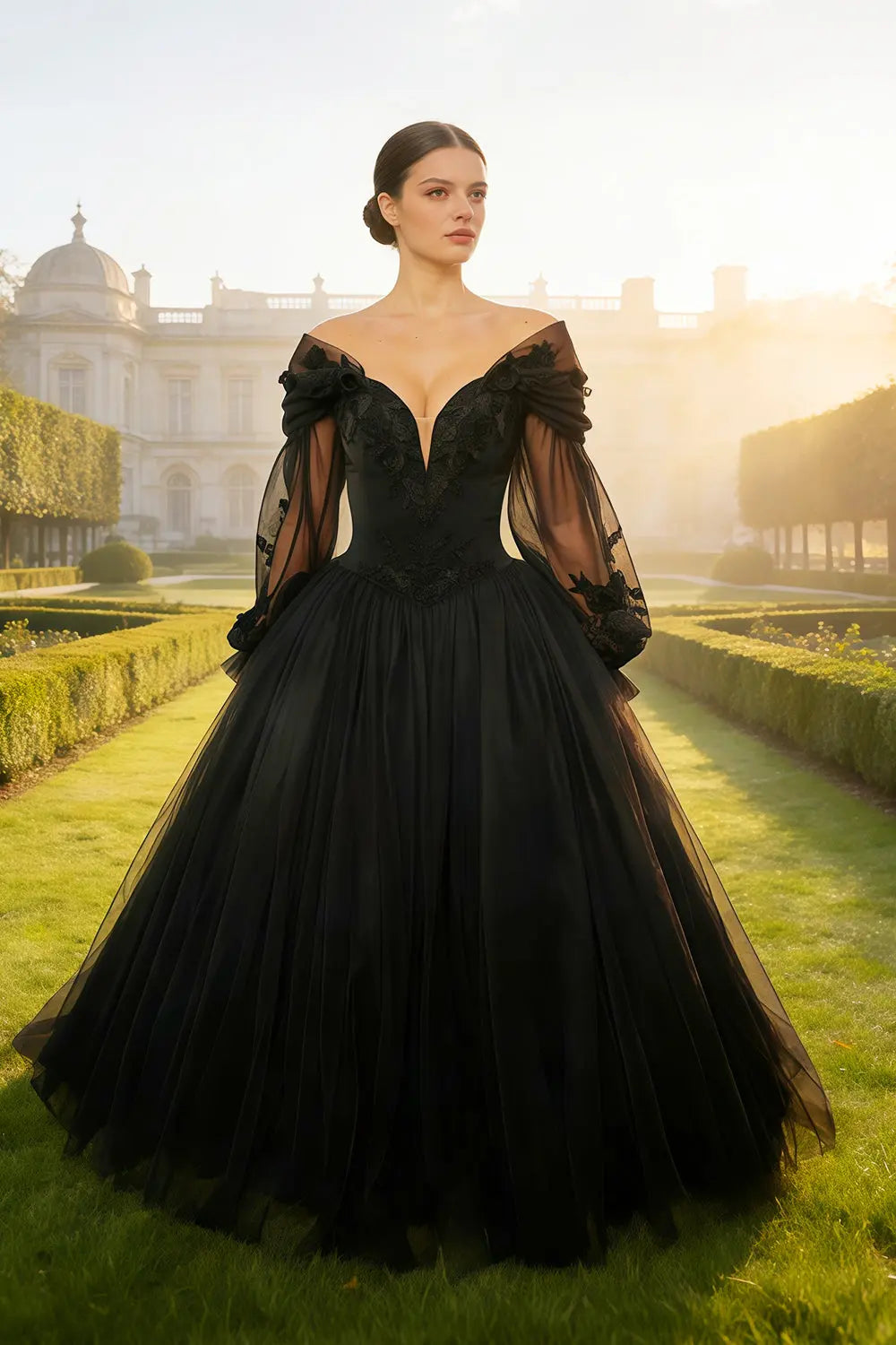 Black Tulle Deep V-Neck Ballgown Wedding Dress SW563 Sheer Fairy