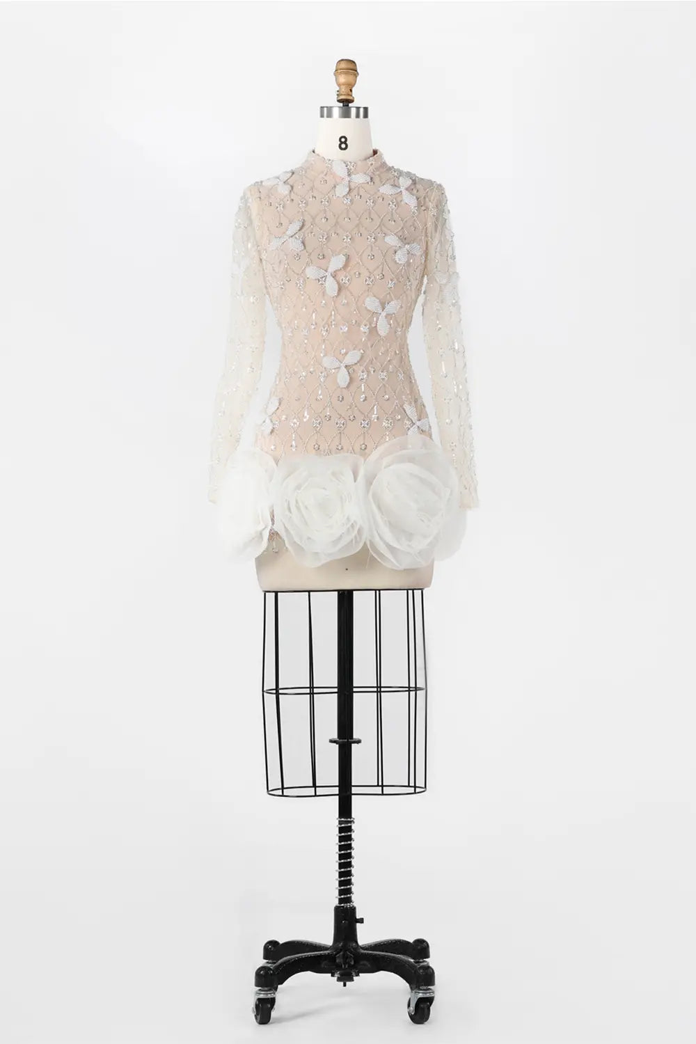 White Nude Long Sleeve Beaded 3D Floral Hem Mini Evening Dress ST037 Sheer Fairy