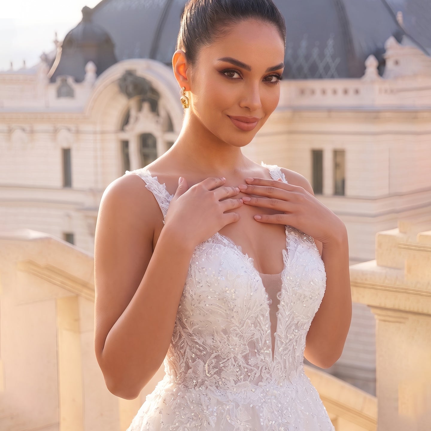 Dreamy Sparkly Tulle Wedding Dress with Lace Appliqués and Corset Closure SW710 Sheer Fairy