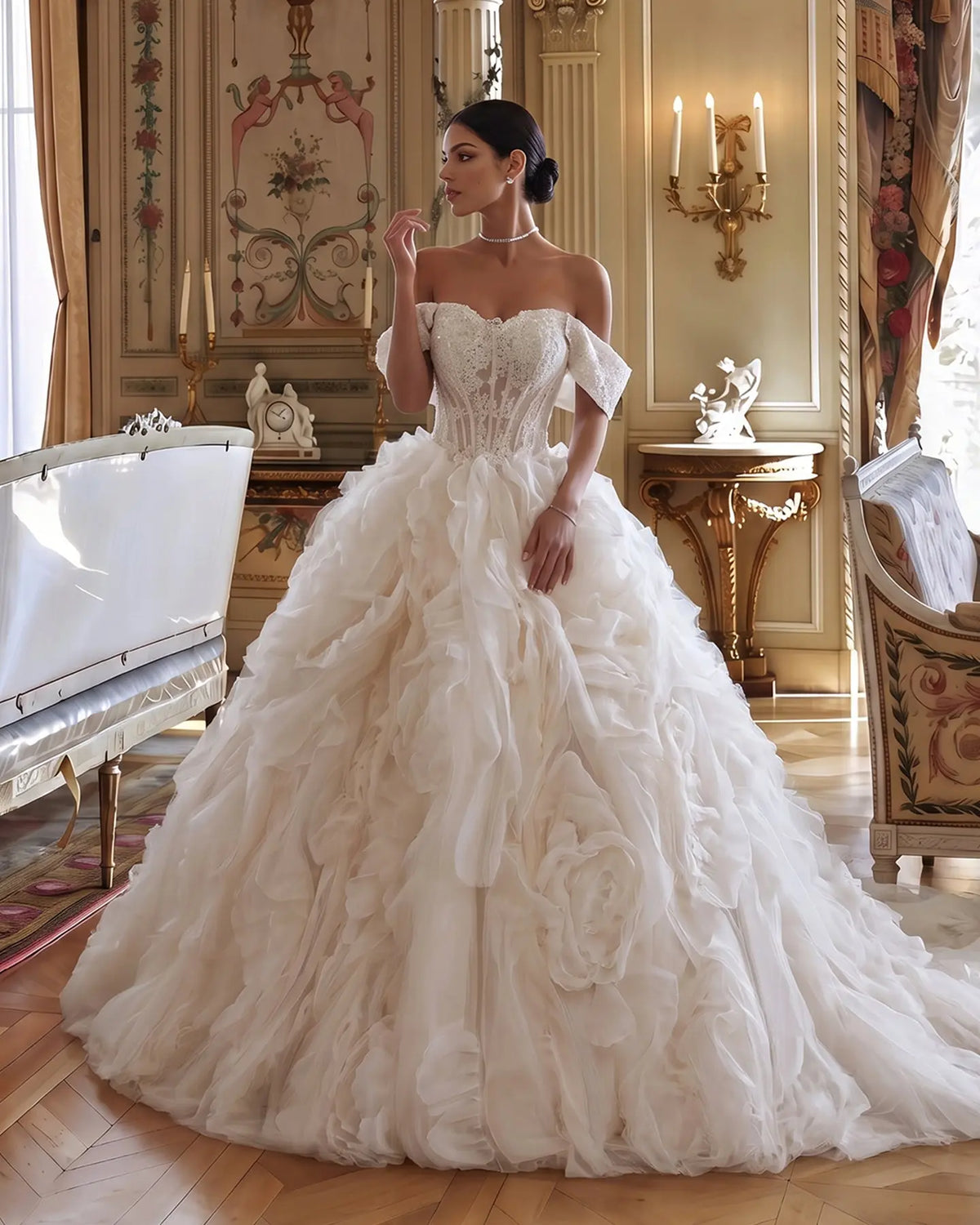 Off White Off Shoulder Lace Ball Gown Wedding Dress Sheer Fairy