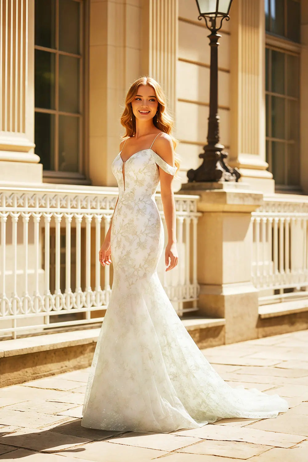 White Lace Mermaid Off-the-Shoulder Flora Beige Prom Dress SH460 Sheer Fairy