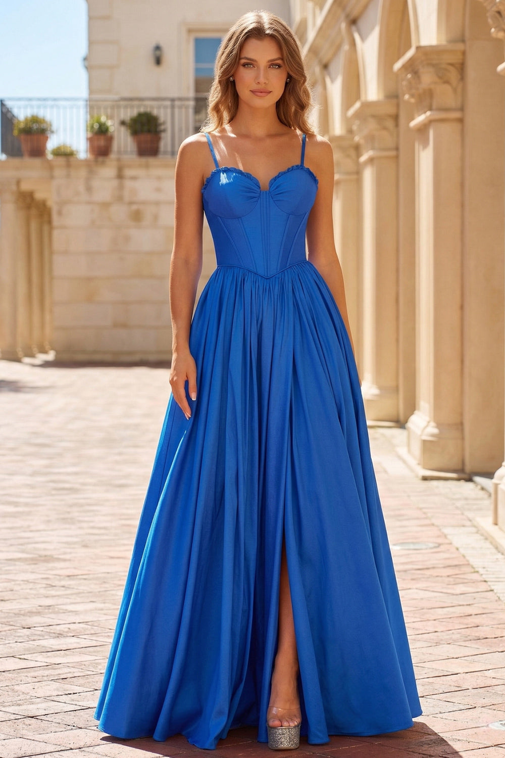 Spaghetti Strap Long Satin Royal Blue Prom Dress SH723 Sheer Fairy