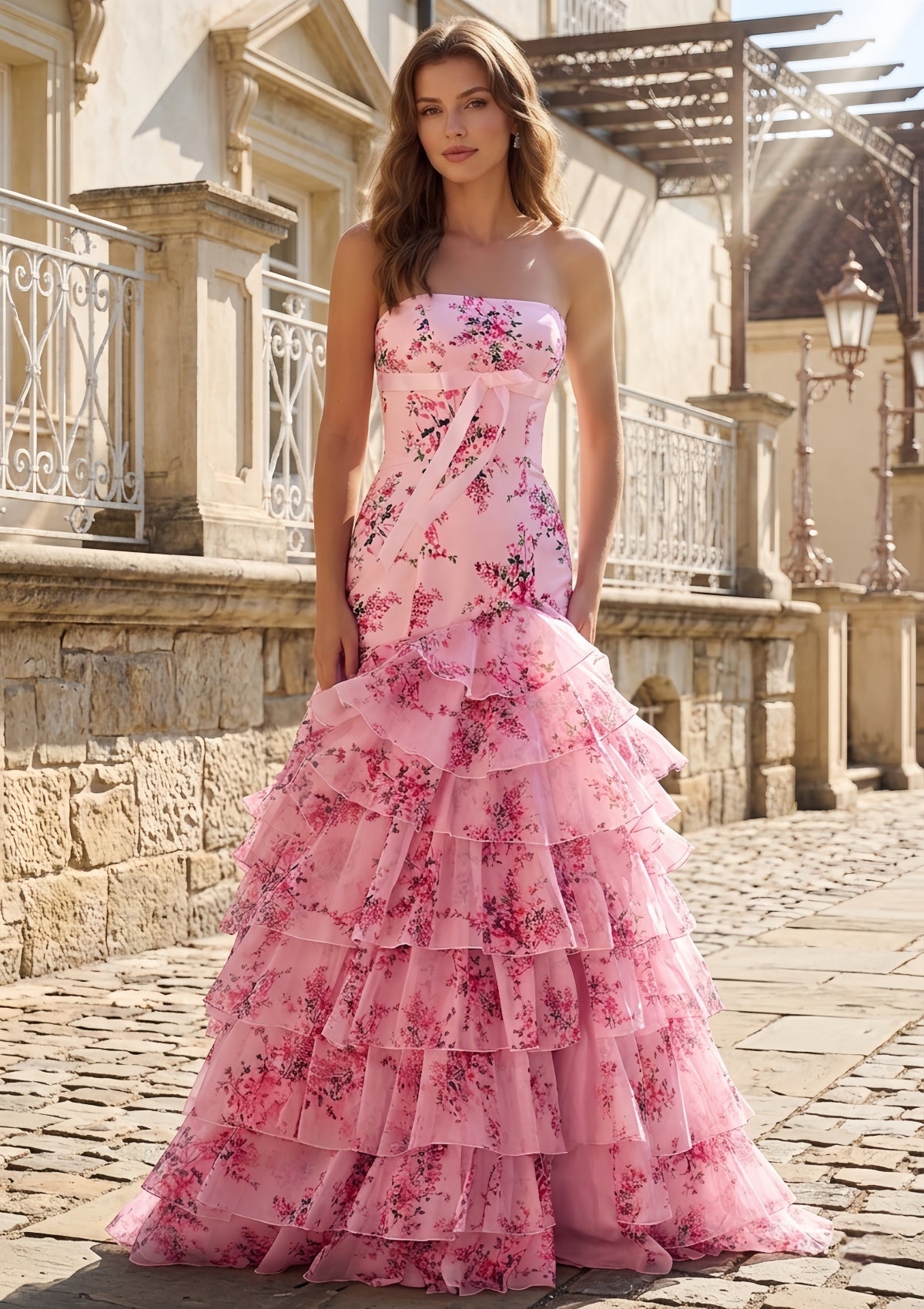 Elegant Pink Floral Tiered Ruffle Mermaid Prom Dress SH706（副本） Sheer Fairy