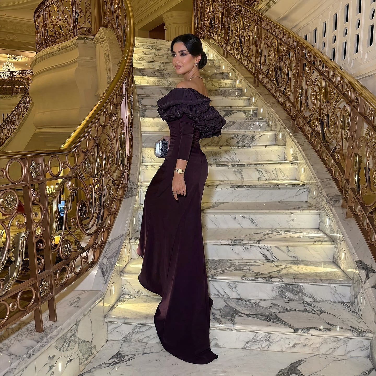 Purple Ruffled Satin One-Shoulder Sheath Evening Dress SF323 Sheer Fairy