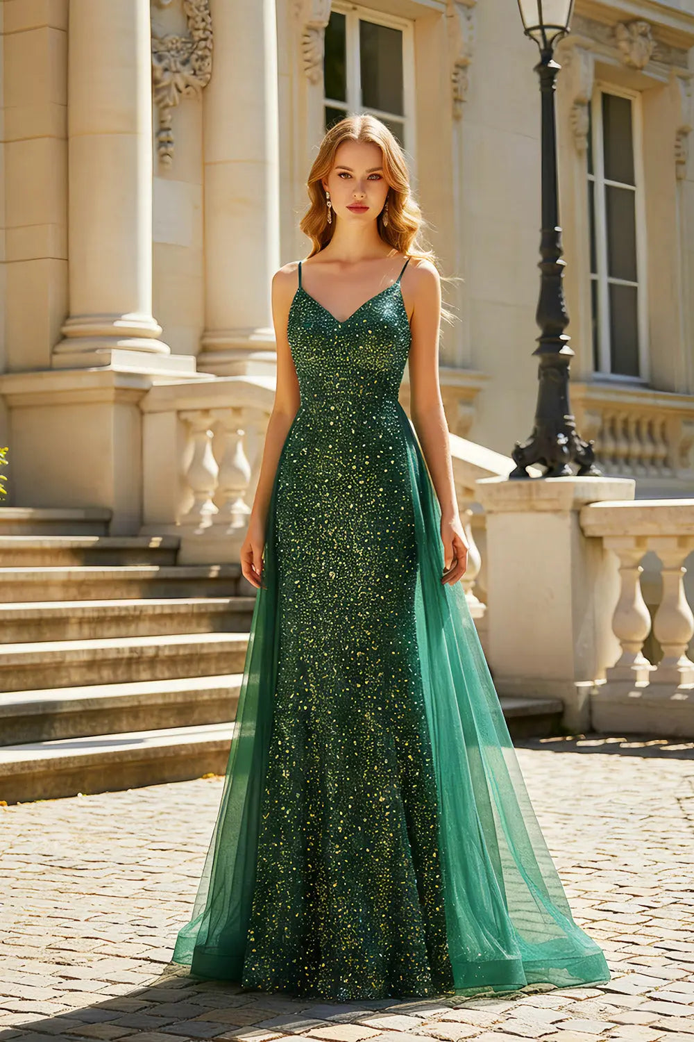 Emerald Green Sequin V-Neck Mermaid Prom Dress with Tulle Overskirt SH497 Sheer Fairy