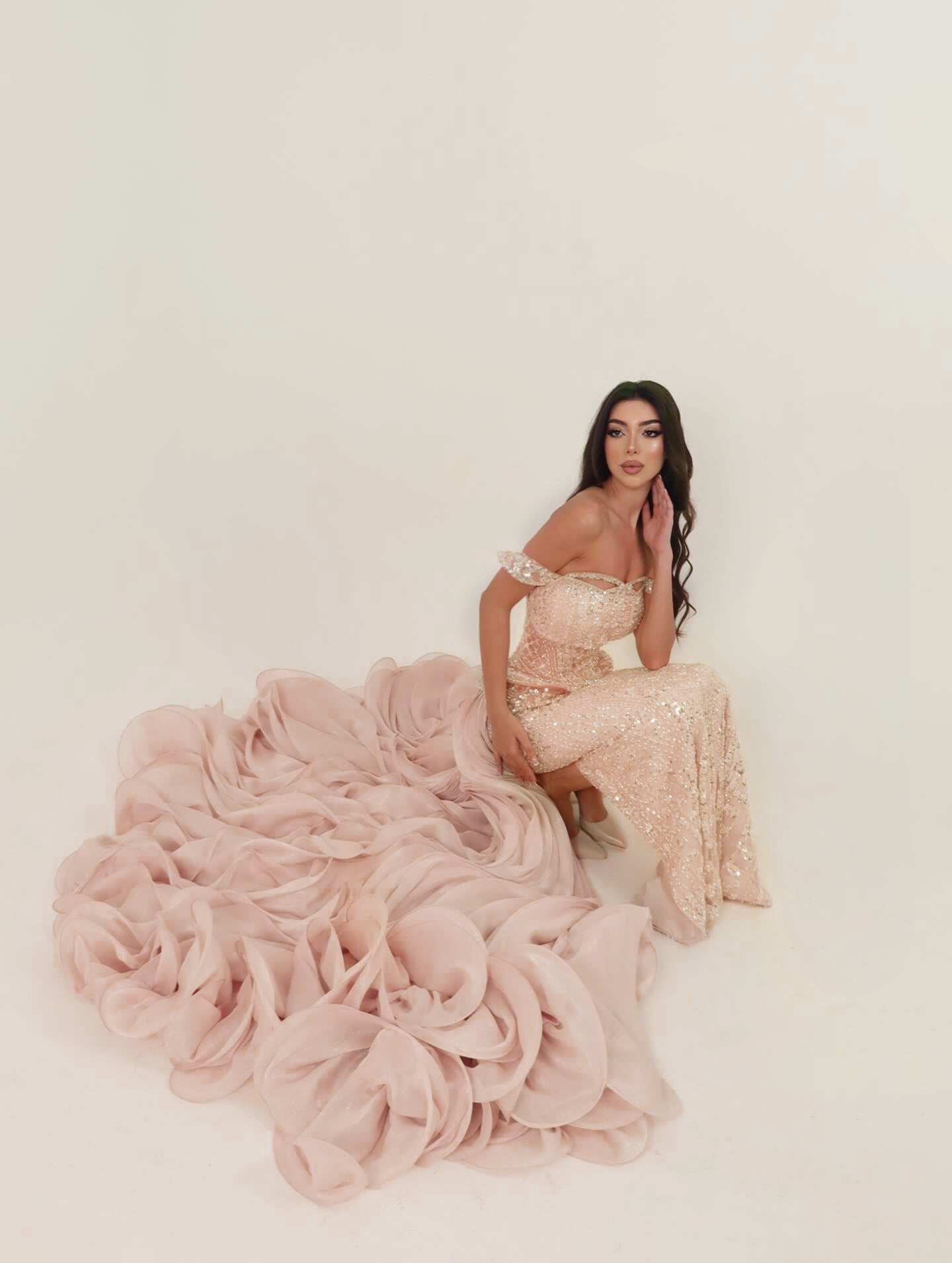 Sparkling Sequin Beaded Evening Dress with Cascading Layered Tiered Ruffle Train SS236 Sheer Fairy