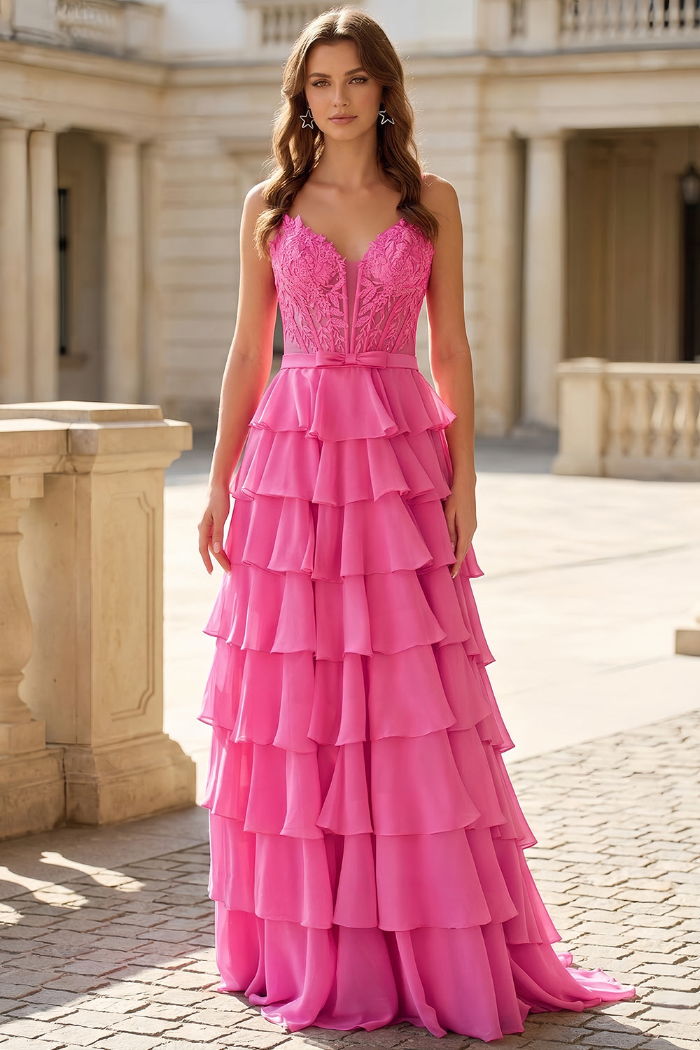 Elegant Hot Pink Tiered Prom Dress with High Slit SH749 Sheer Fairy