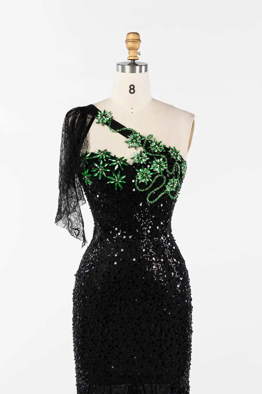 Black One Shoulder Sequin Evening Gown with Green Floral Detail ST048 Sheer Fairy