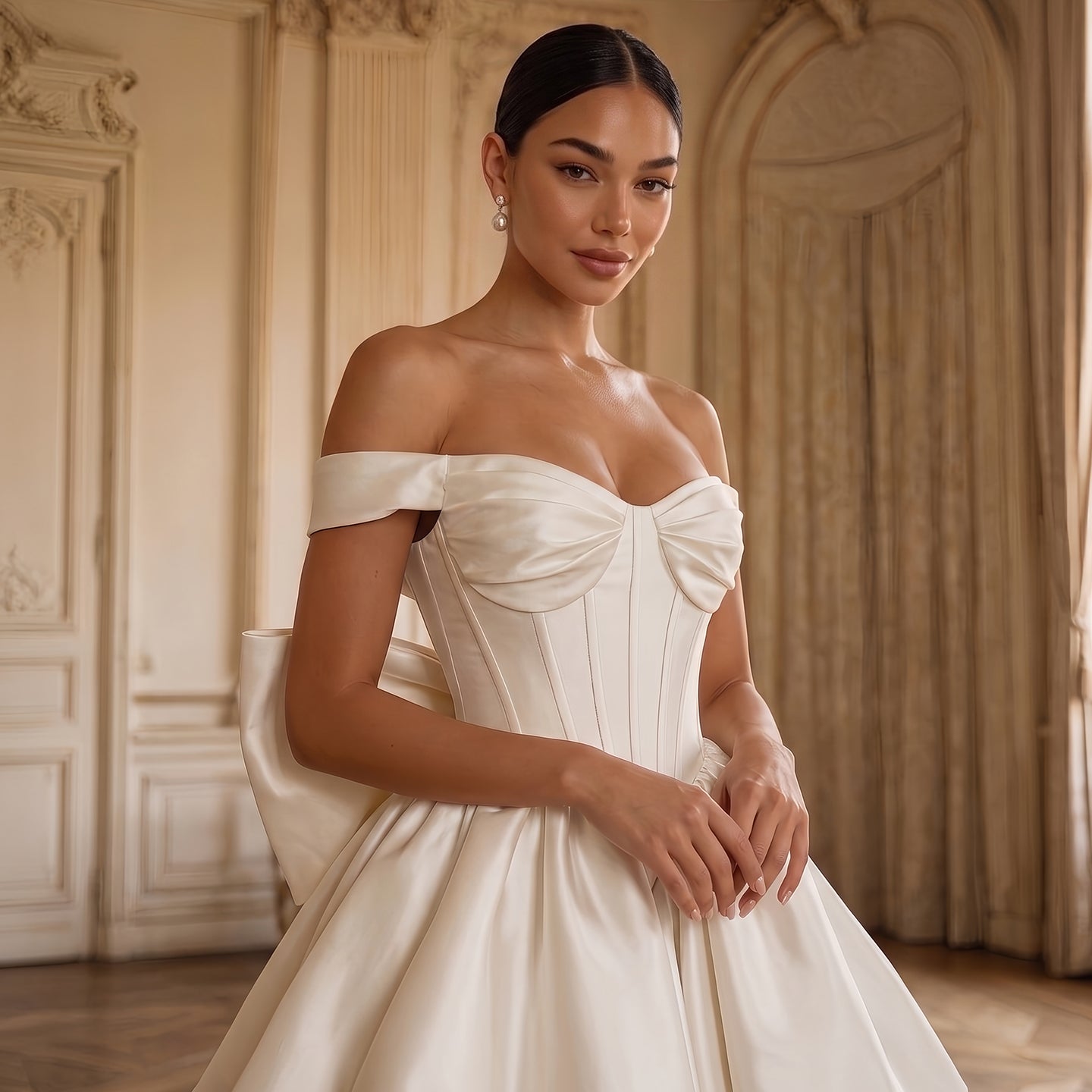 Dreamy White Satin Short Wedding Dress with Statement Bow SW720 Sheer Fairy
