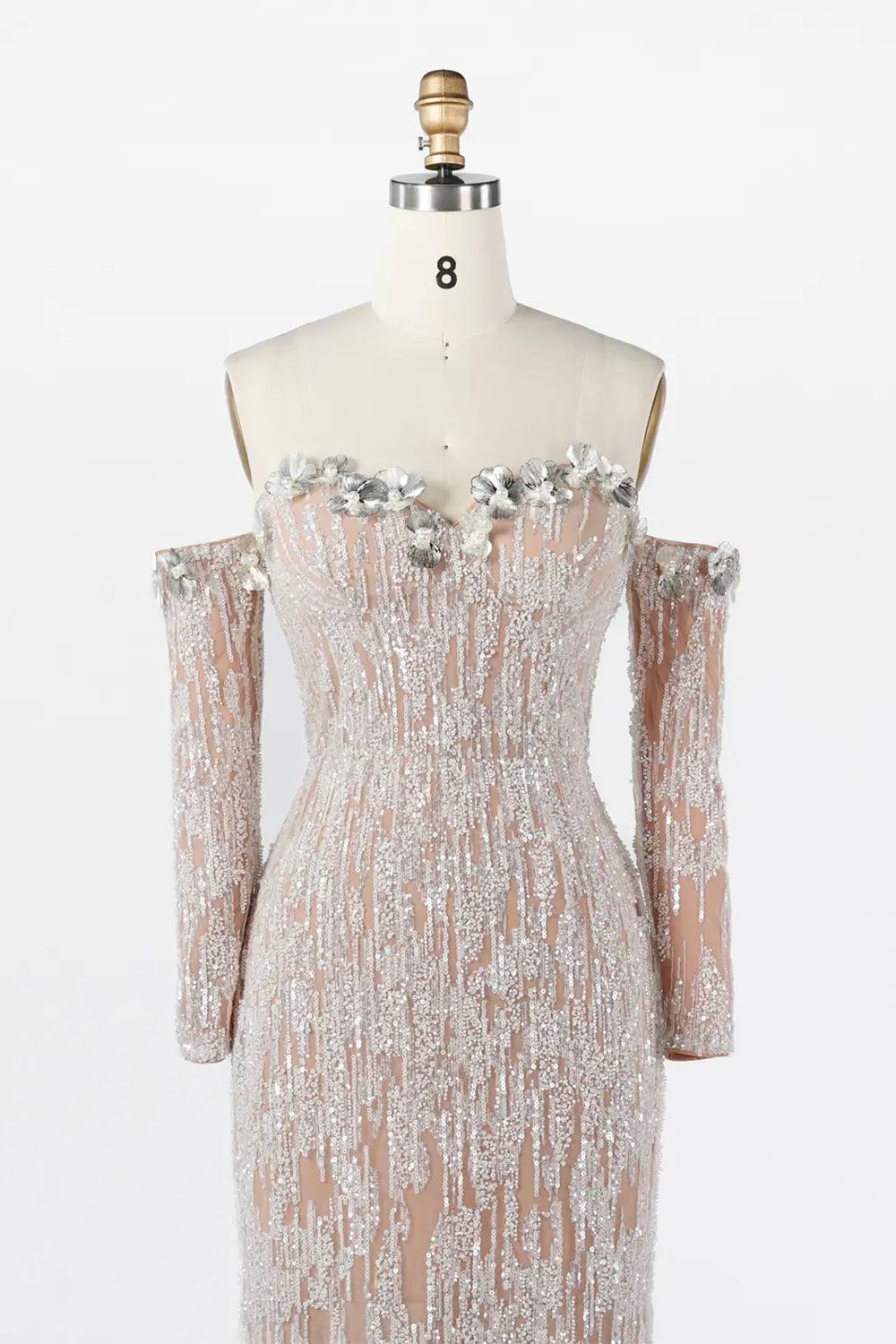 White Nude Linear Sequin Off Shoulder Formal Evening Gown ST035 Sheer Fairy