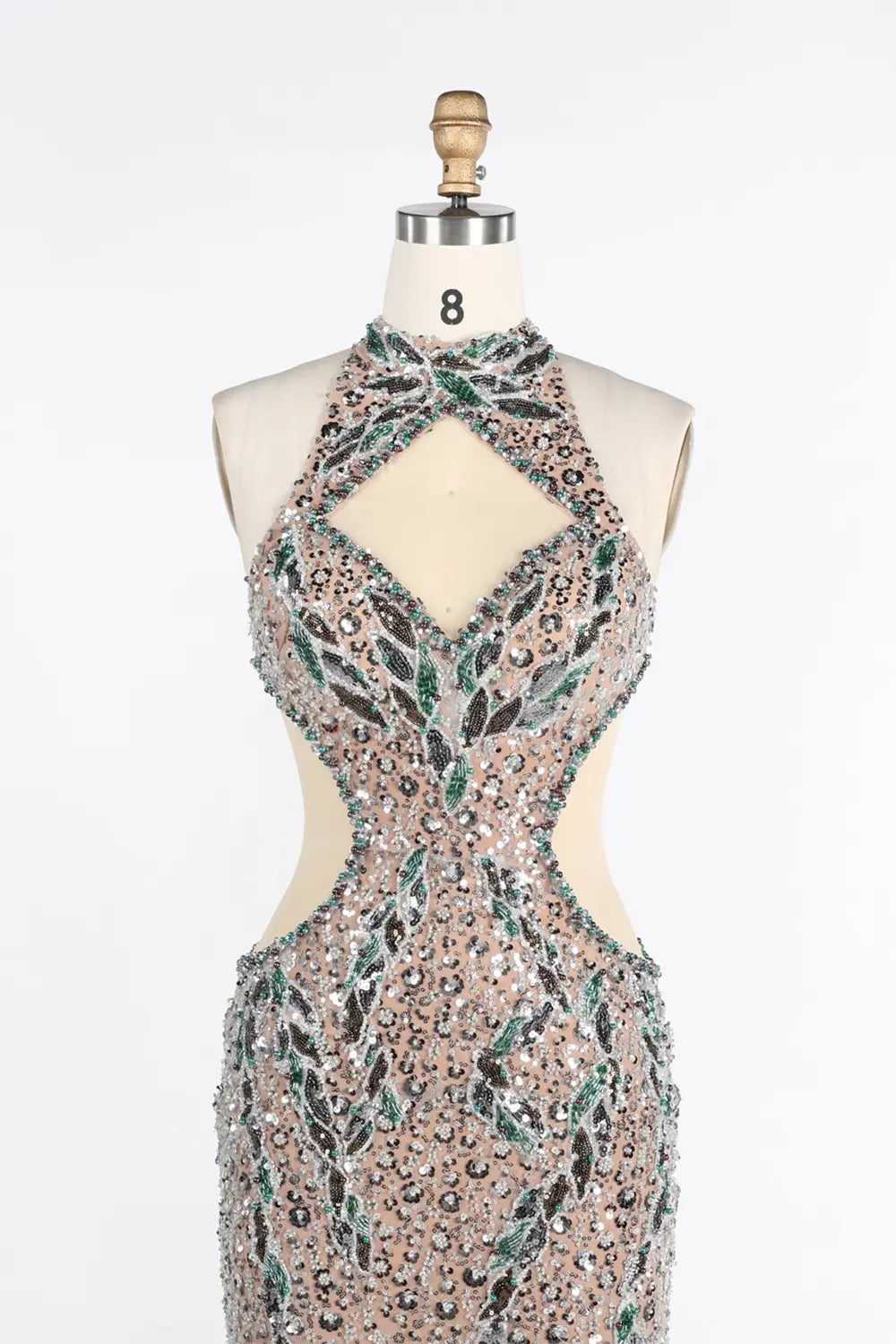 Champagne Halter Cutout Sequin Mermaid Evening Dress ST038 Sheer Fairy
