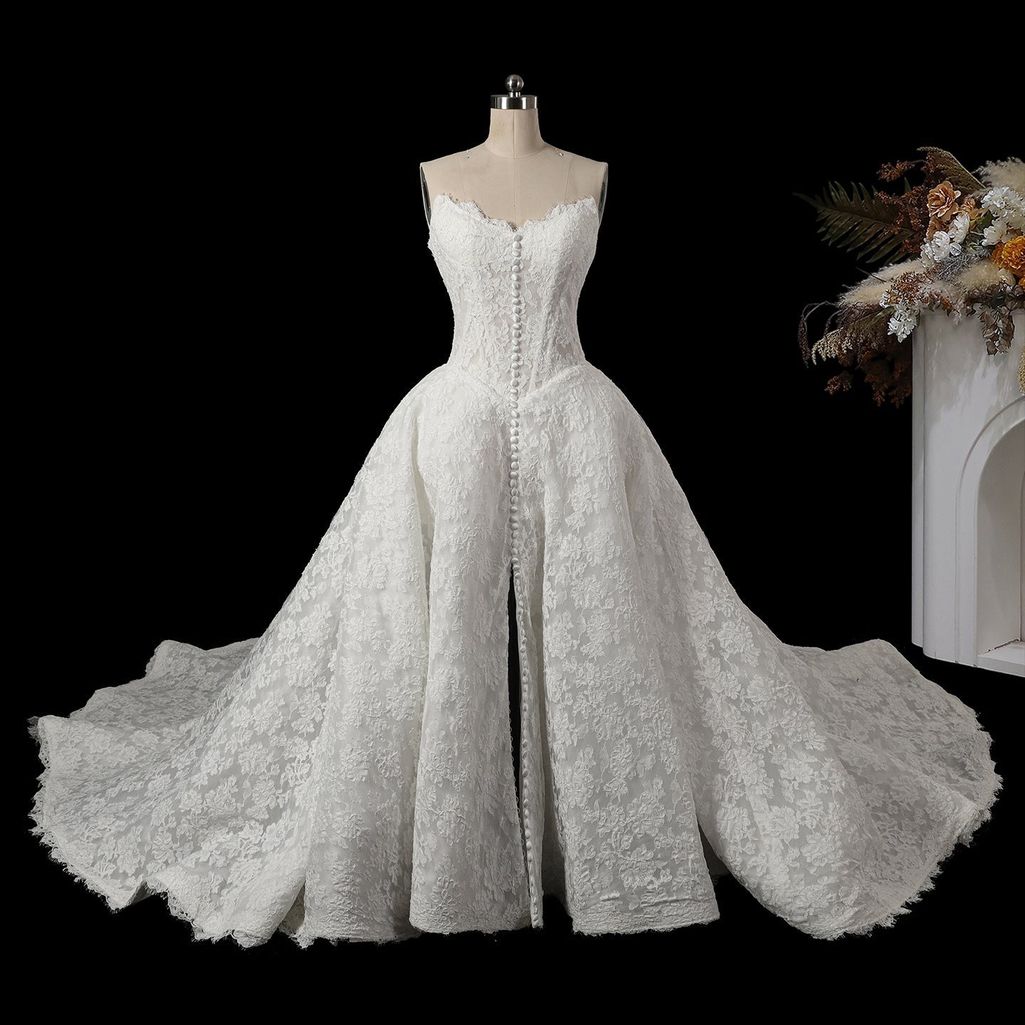 White Lace Strapless Princess Wedding Dress Button Down Front with Long Train SW742 Sheer Fairy