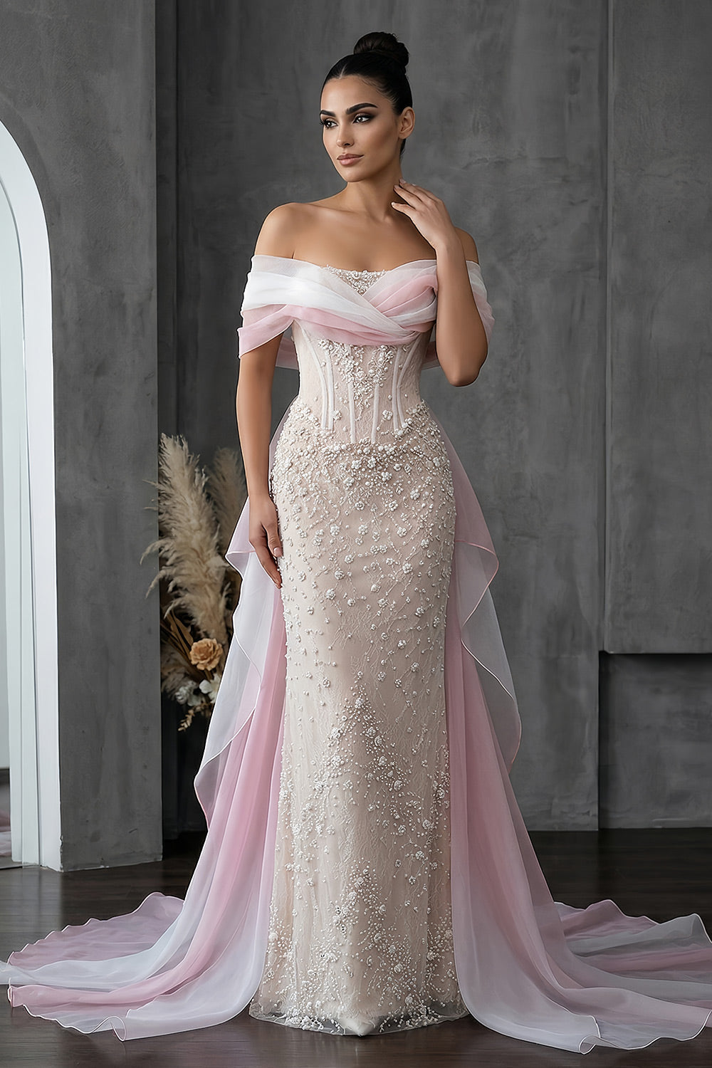 Blush Pink Off-the-Shoulder 3D Floral Beaded Mermaid Evening Gown with Tulle Overlay SS519 Sheer Fairy