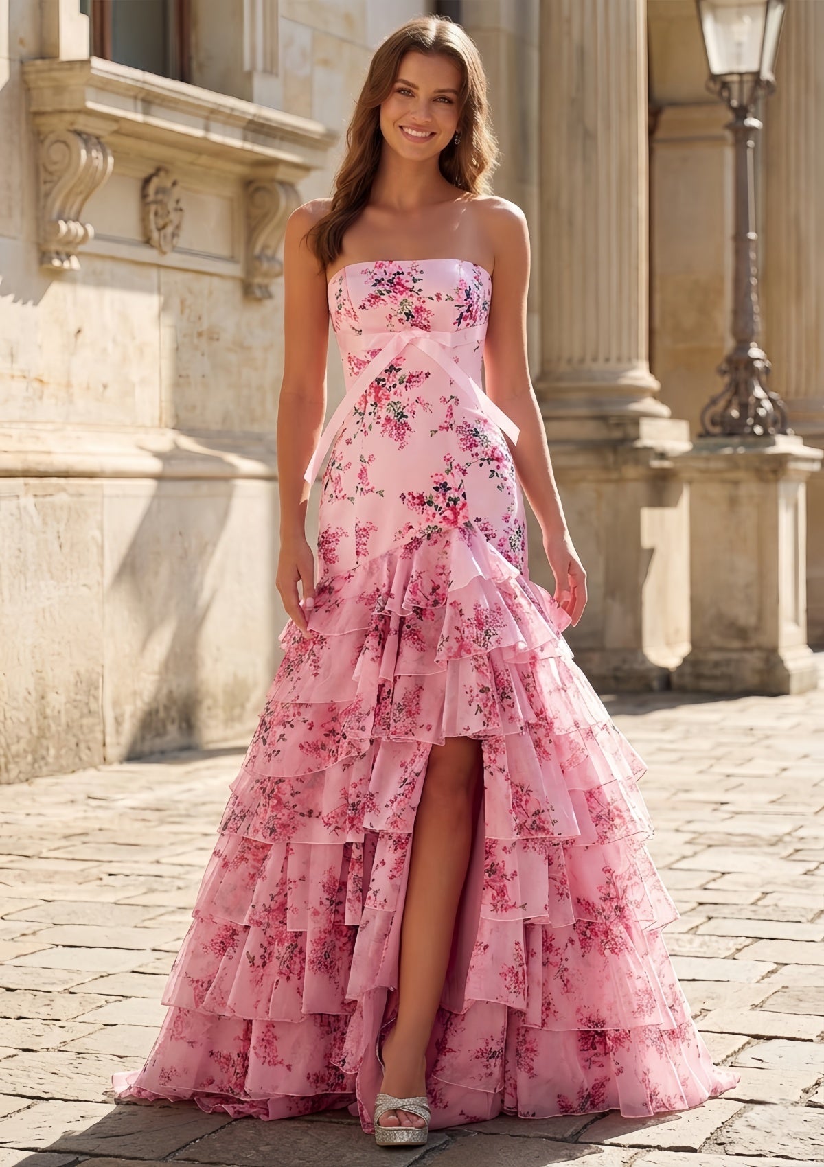 Elegant Pink Floral Tiered Ruffle Mermaid Prom Dress SH706（副本） Sheer Fairy
