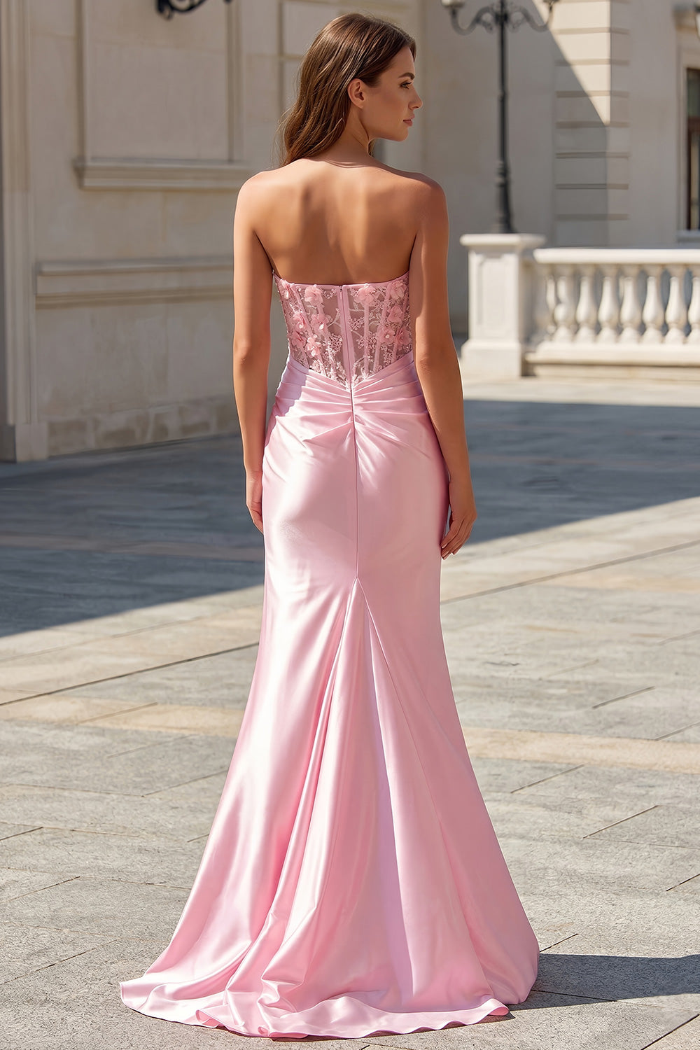 Blush Pink Sweetheart Ruched Corset Satin Prom Dresses with High Slit SH778 Sheer Fairy