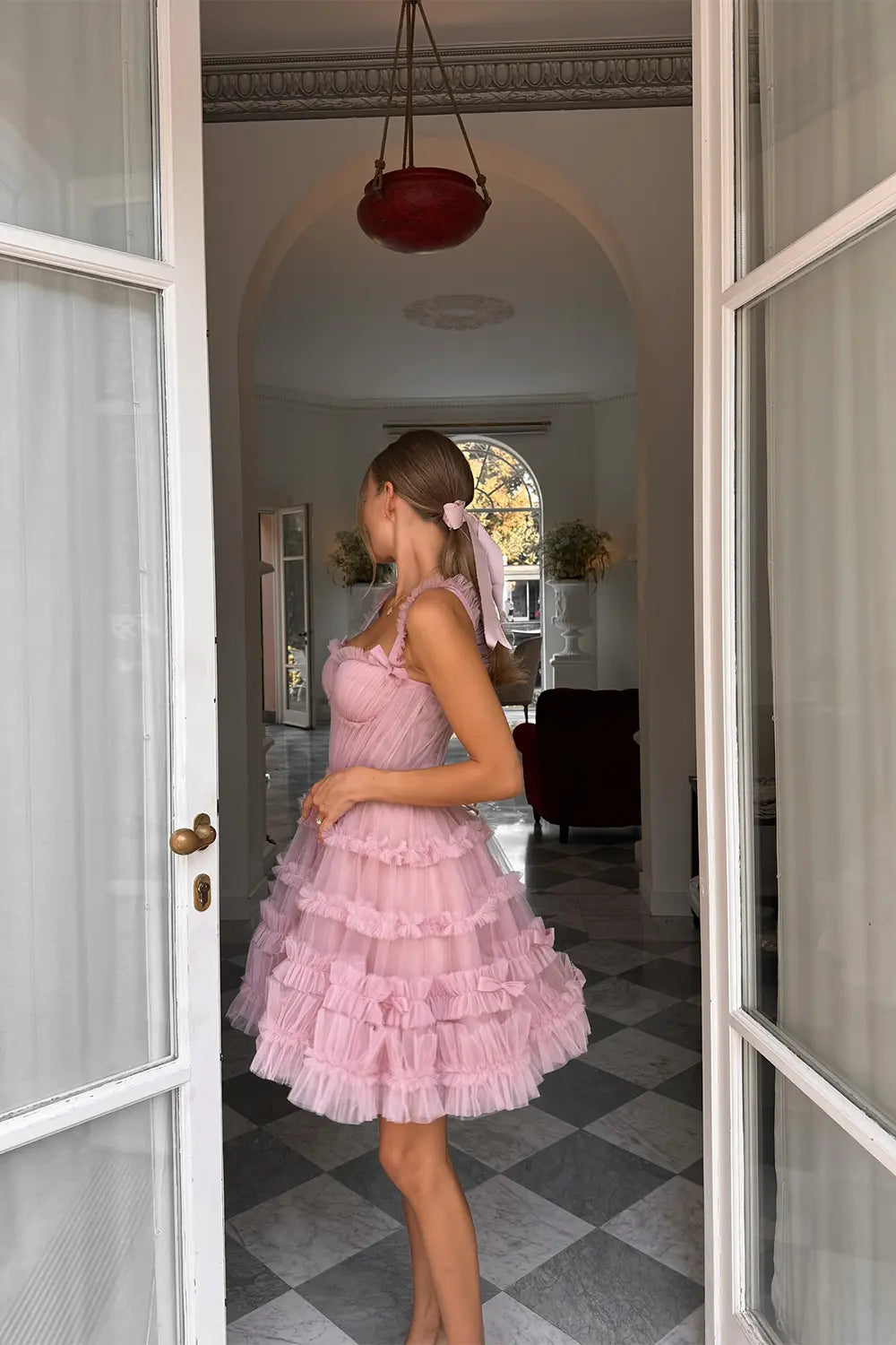 Elegant Spaghetti Strap Tiered Tulle Homecoming Dress with Bow Accents RM210 Sheer Fairy