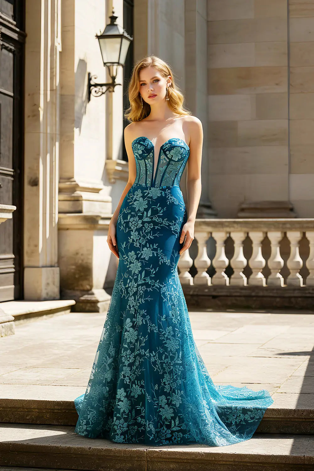 Floral Strapless Corset Teal Lace Mermaid Prom Dress SH426 Sheer Fairy