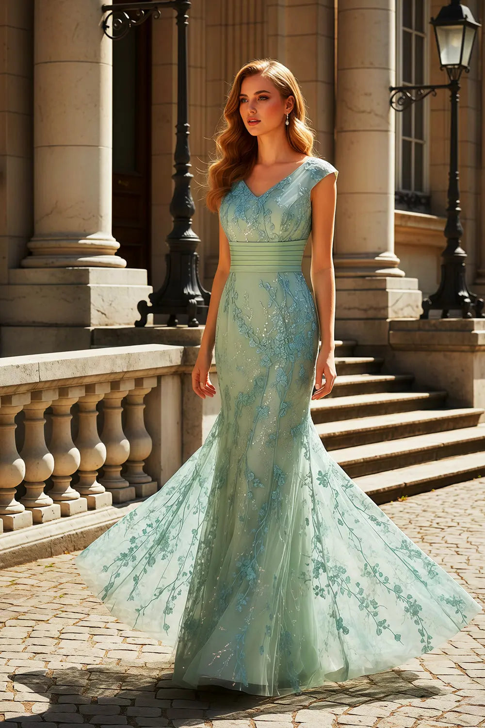 Mint Green Lace V-Neck Sleeveless Mermaid Prom Dress SH462 Sheer Fairy