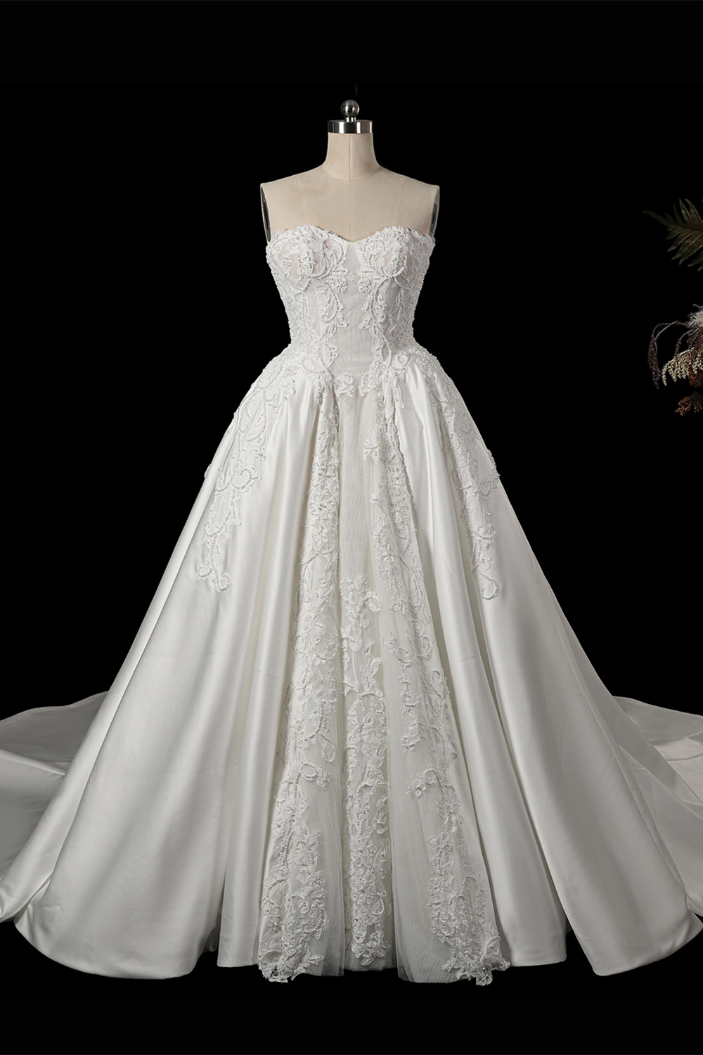 White Satin Sweetheart Princess Wedding Dress Lace Details with Long Cathedral Train SW743 Sheer Fairy