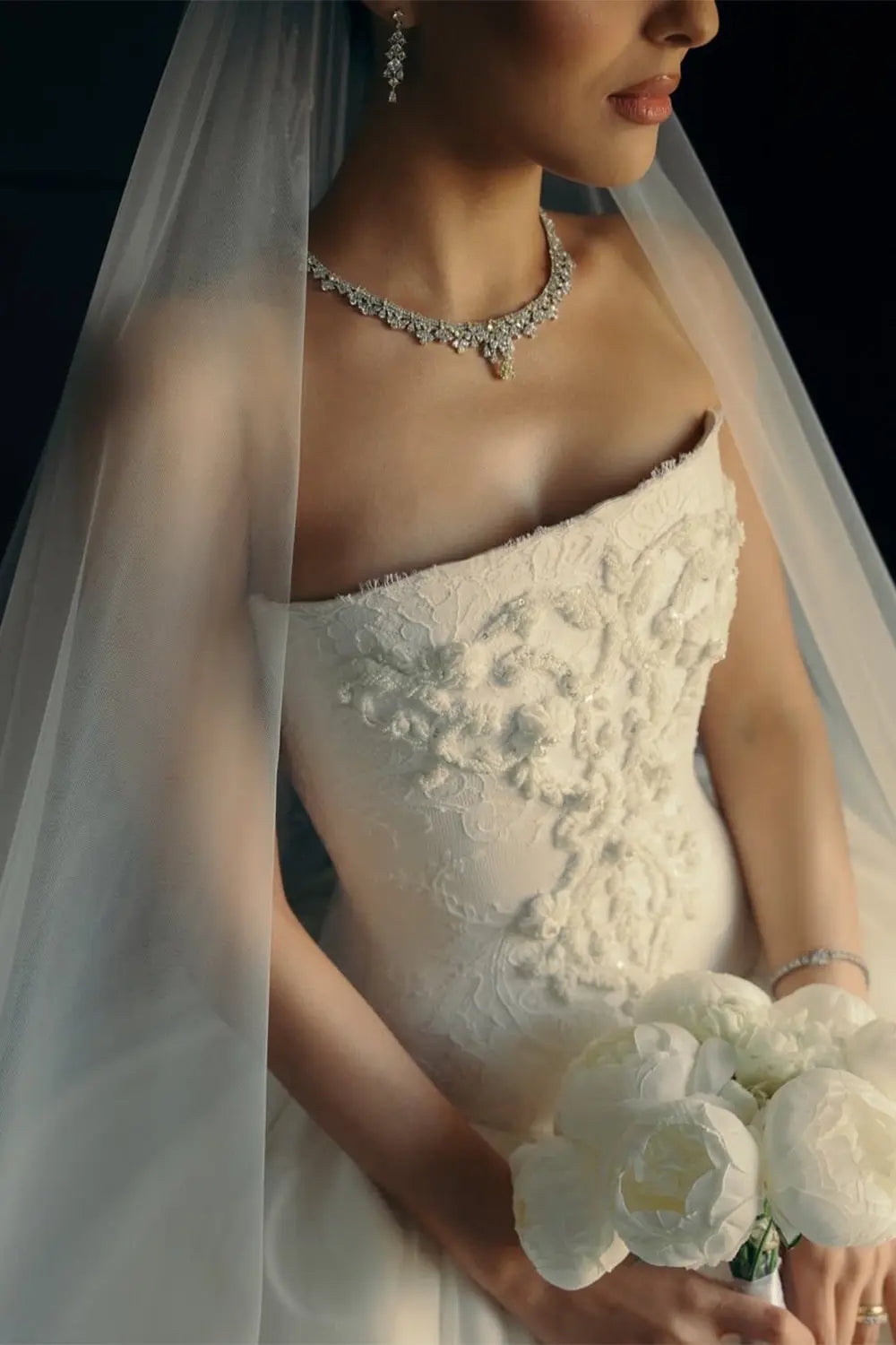 White Strapless Princess Bridal Dress with Lace appliques  SW745 Sheer Fairy
