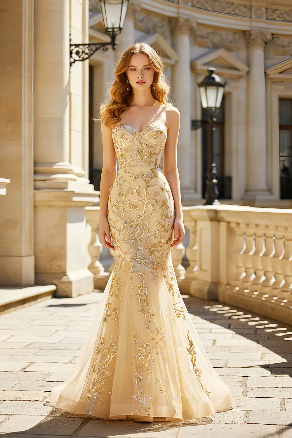 Gold Lace Sweetheart Mermaid Prom Dress SH486 Sheer Fairy