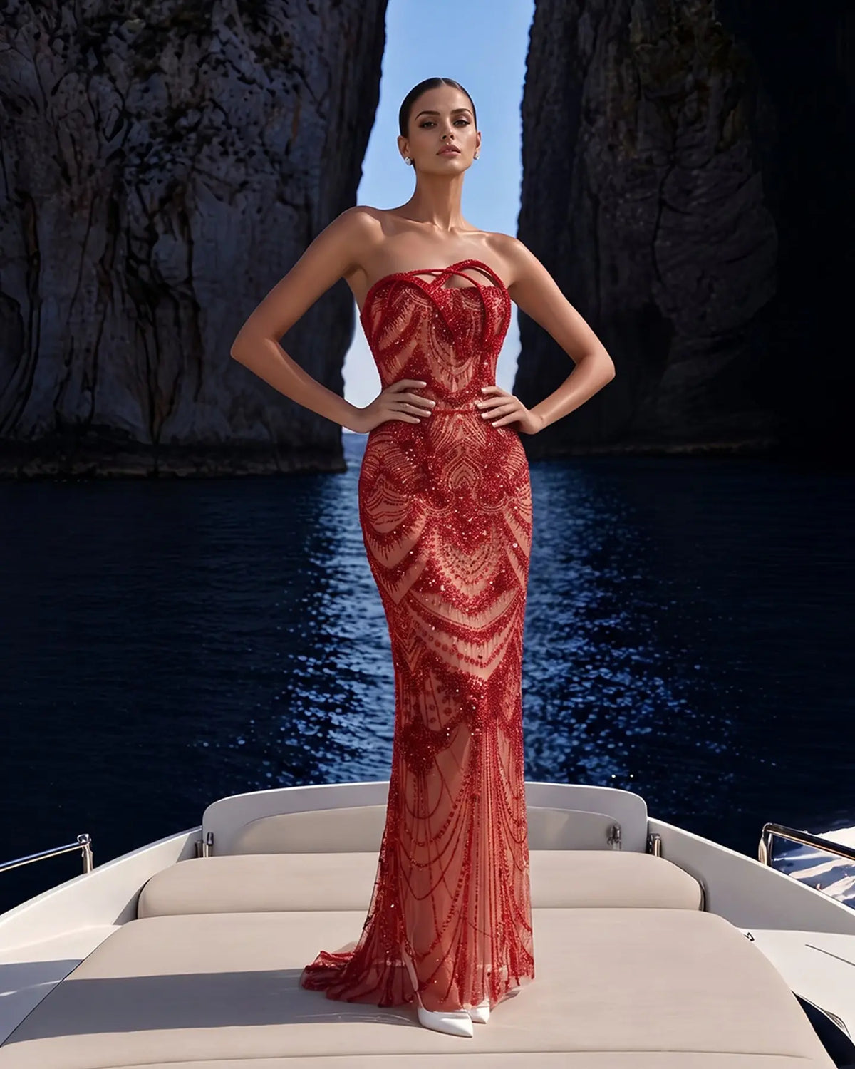 Red Tulle Beaded Strapless Evening Gown Sheer Fairy