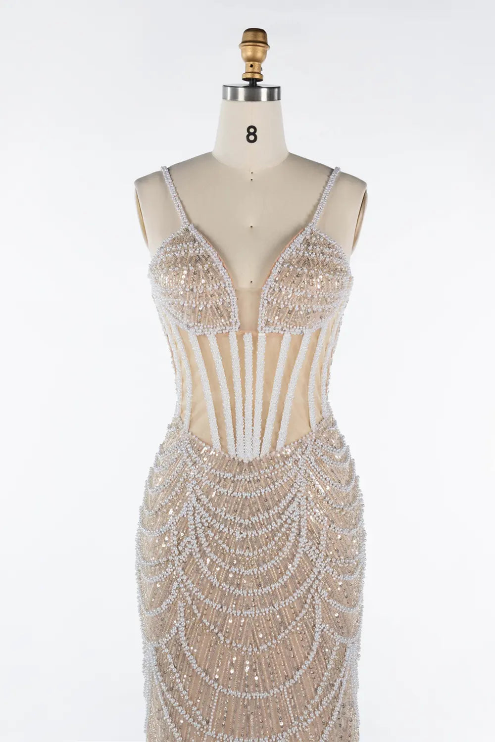 Nude Sequin Embellished Corset Spaghetti Strap Evening Gown ST042 Sheer Fairy