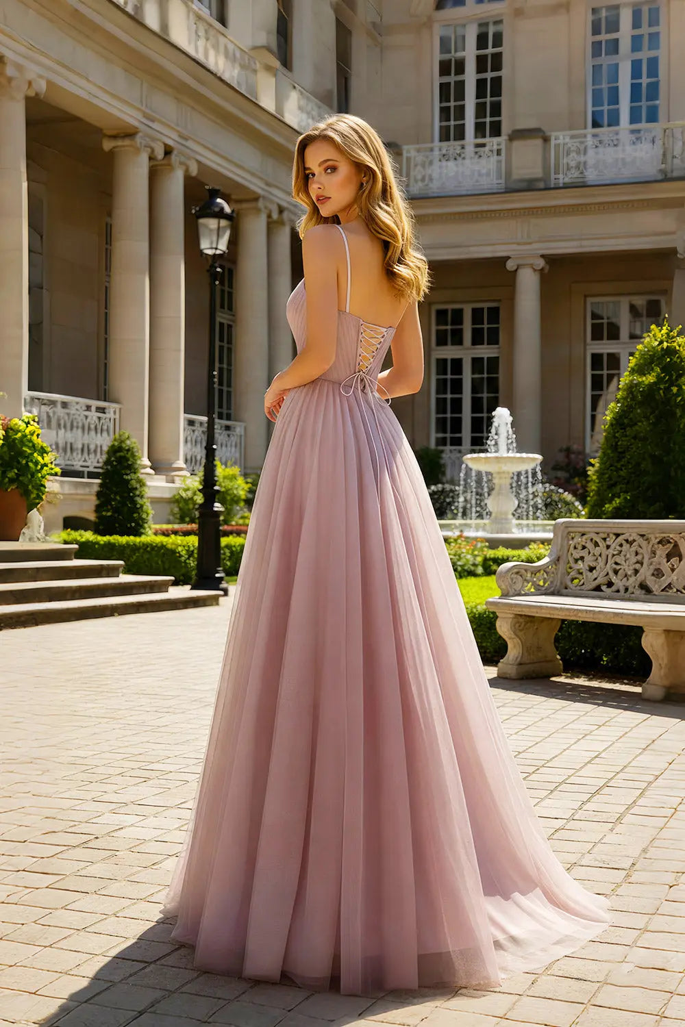 Rose Sweetheart Tulle Beaded A-line Pink Prom Dress SH481 Sheer Fairy