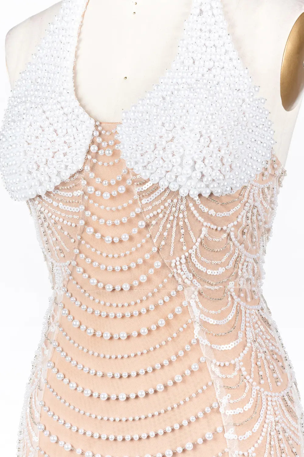 White Nude Beaded Halter Neck Evening Gown ST075 Sheer Fairy