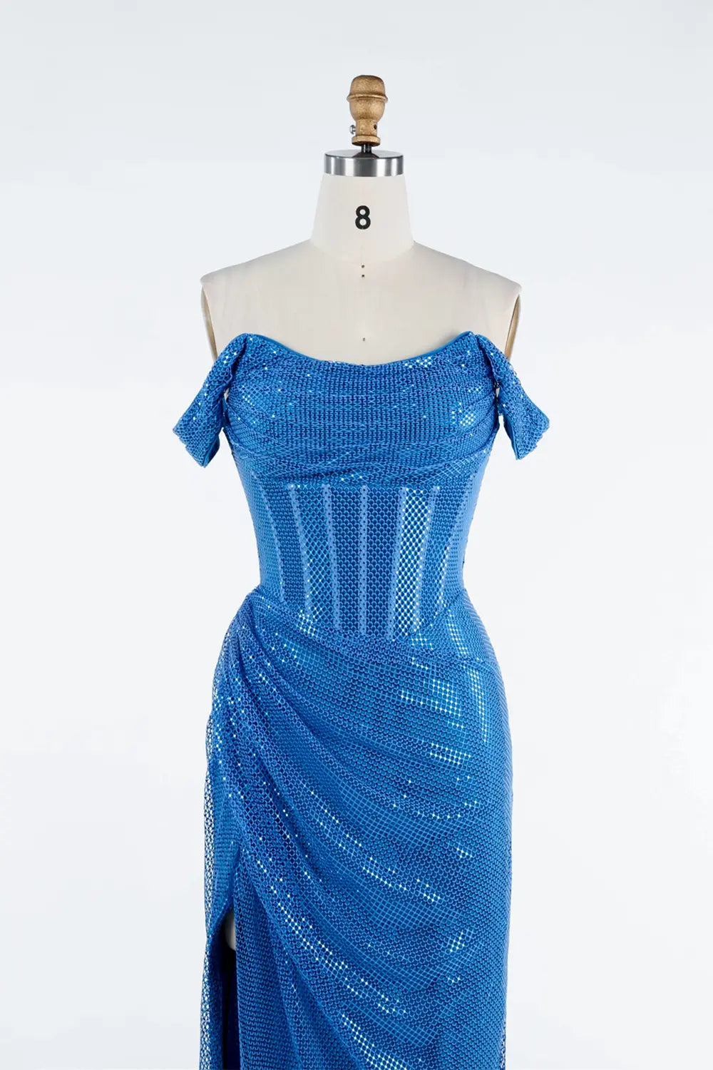 Royal Blue Sequin Off Shoulder Corset High Slit Maxi Evening Dress ST034 Sheer Fairy