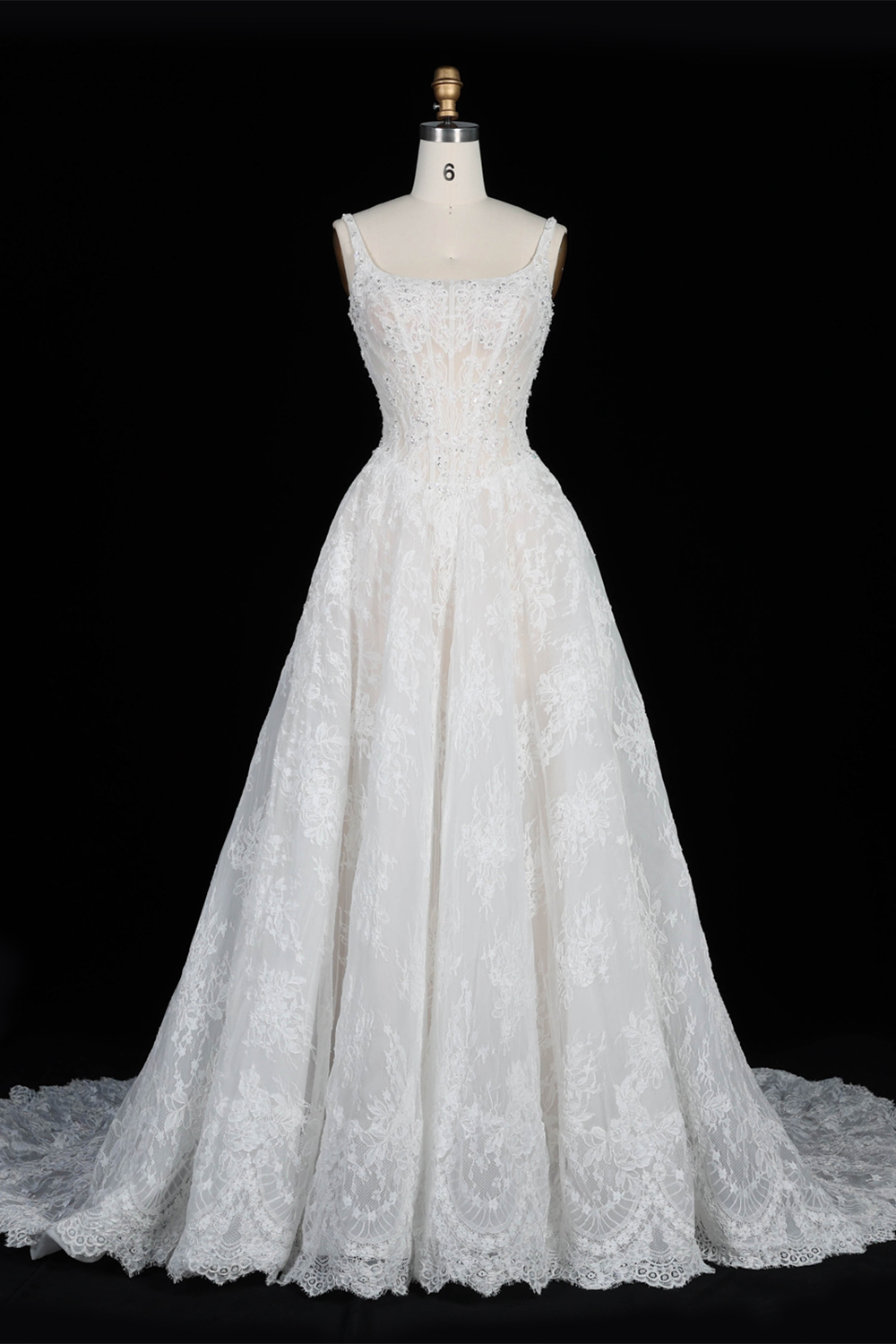 White Lace A Line Wedding Dress Square Neckline with Beaded Corset and Chapel Train SW612 Sheer Fairy