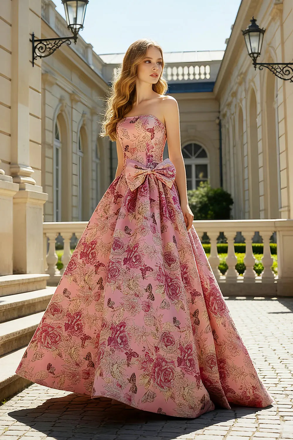Pink Floral Jacquard Ball Gown Prom Dress SH402 Sheer Fairy