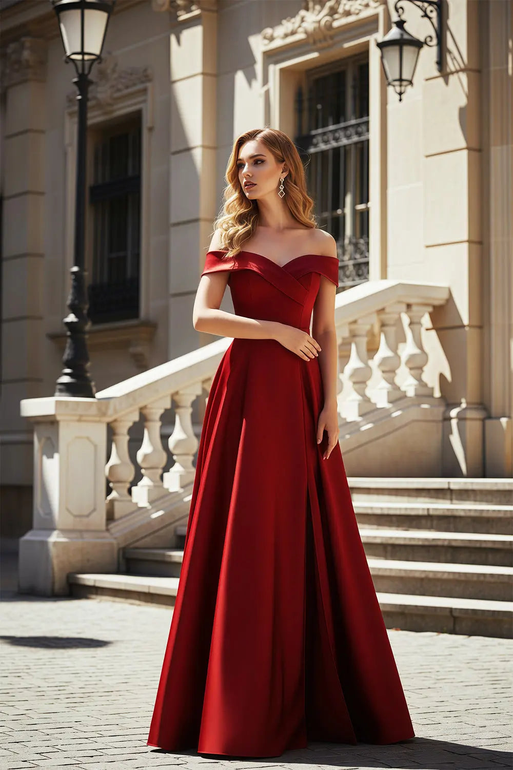 Burgundy Red Satin A-Line Off-the-Shoulder Prom Dress SH457 Sheer Fairy