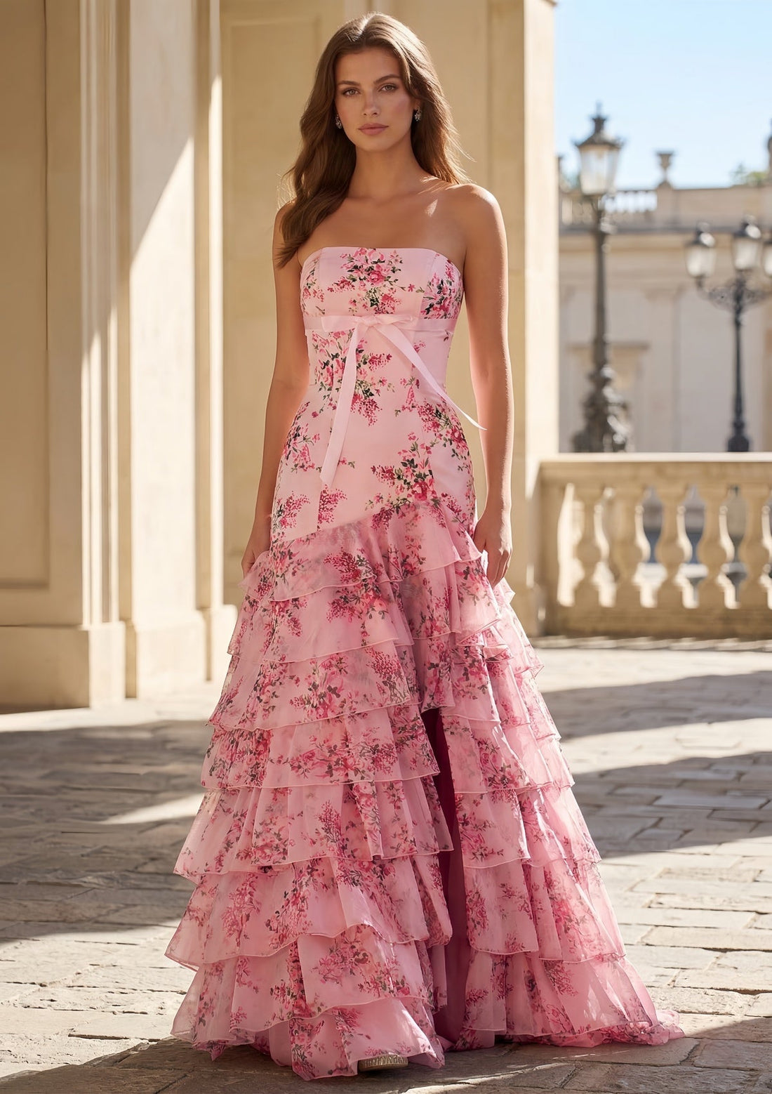 Elegant Pink Floral Tiered Ruffle Mermaid Prom Dress SH706（副本） Sheer Fairy