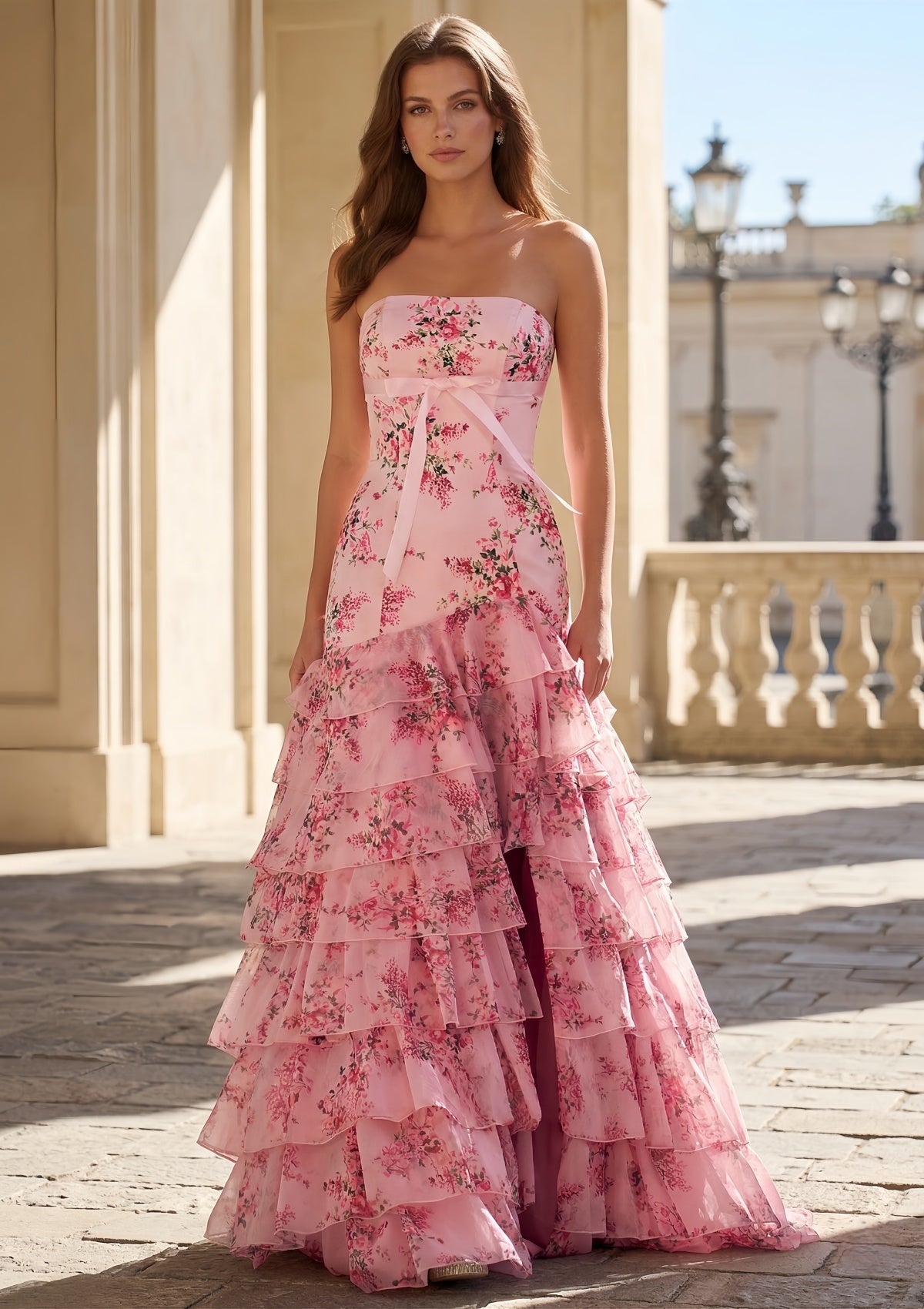 Elegant Pink Floral Tiered Ruffle Mermaid Prom Dress SH706（副本） Sheer Fairy