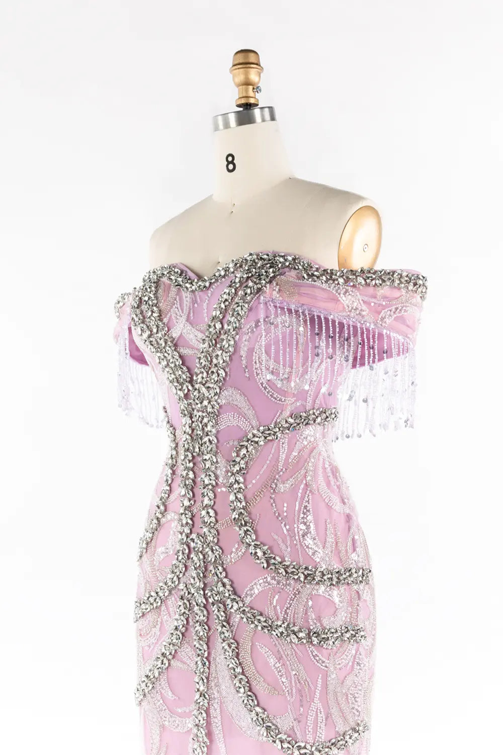 Lilac Off The Shoulder Beaded Fringe Formal Evening Dress ST053 Sheer Fairy