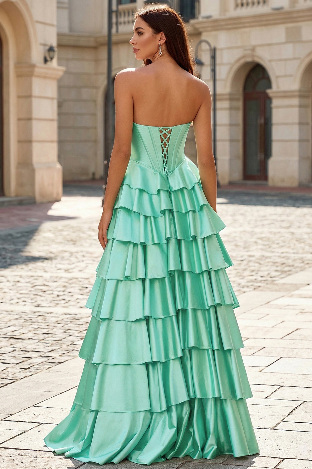 Elegant Strapless Mint Green Tiered Ruffle Prom Dress with High Slit SH747 Sheer Fairy