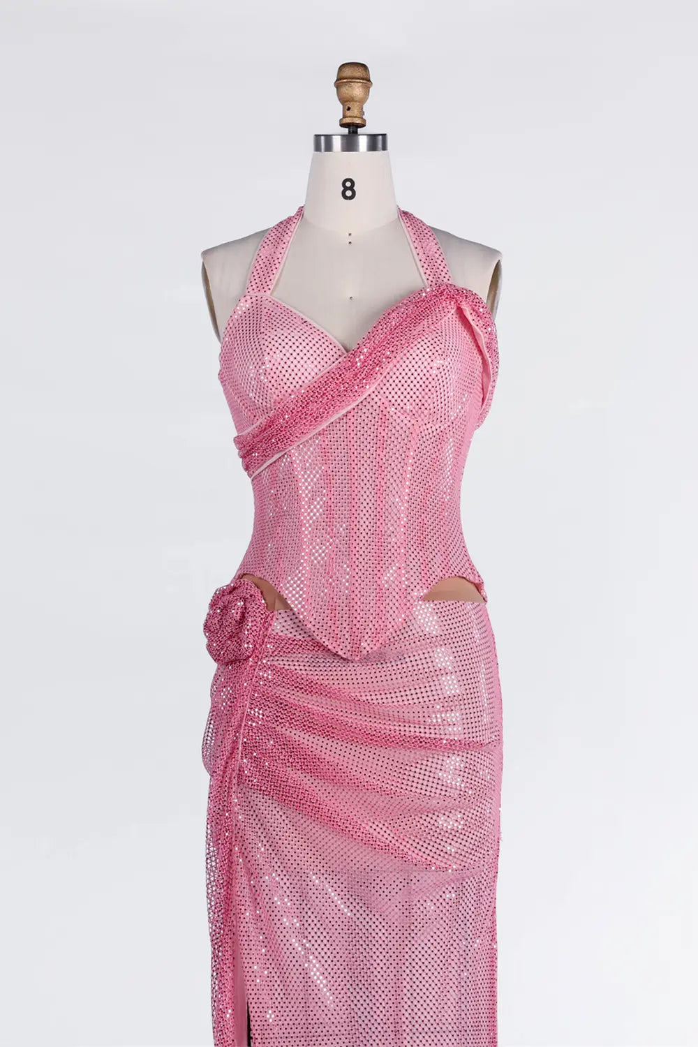 Pink Sequin Halter Corset High Slit Maxi Evening Dress ST036 Sheer Fairy