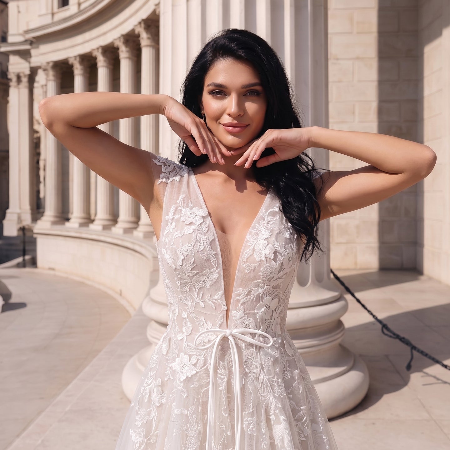 Luxury Lace A-Line Wedding Dress with V-Neck and Deep Illusion Back SW711 Sheer Fairy