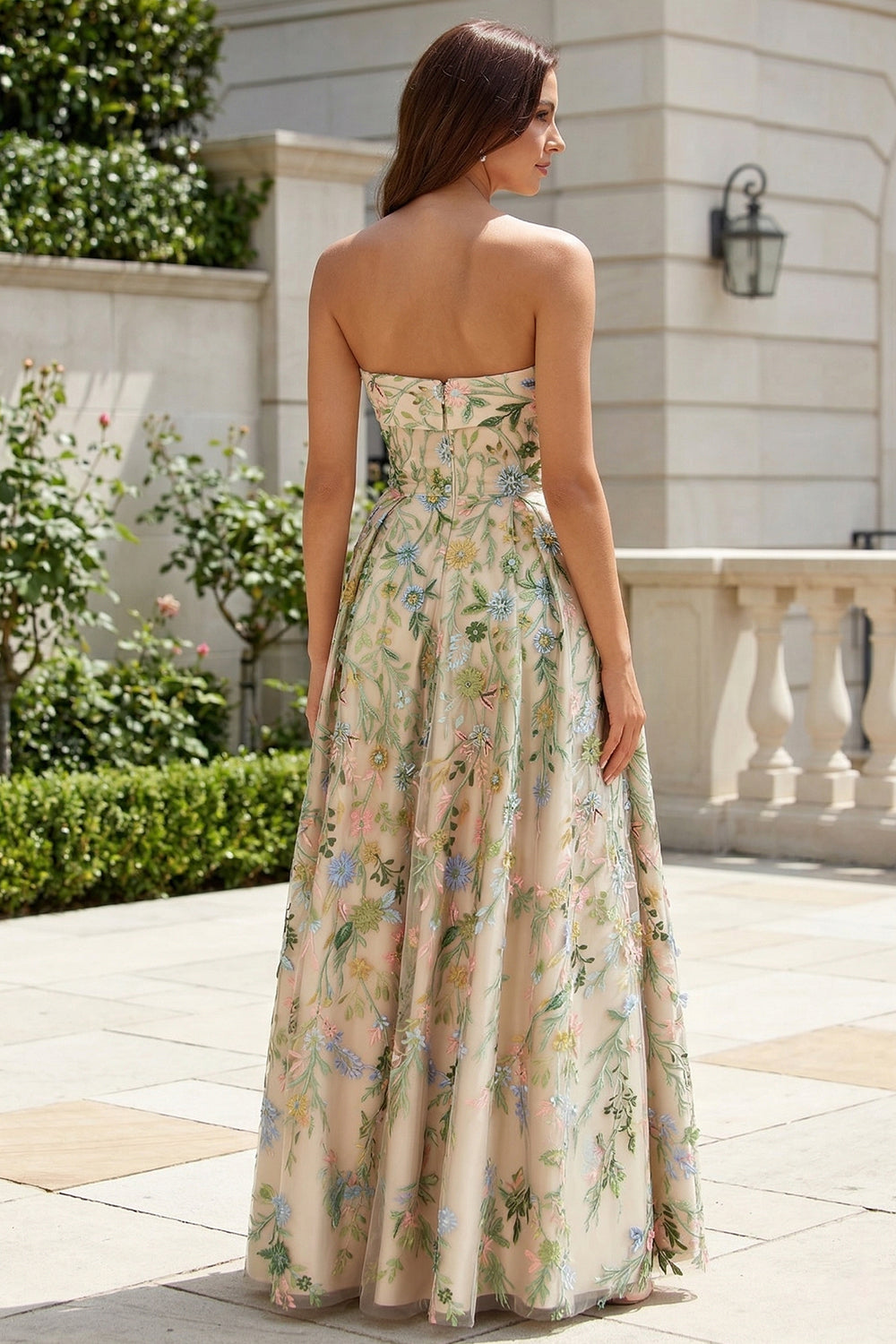 Women's Strapless Nude Floral Embroidered Prom Dress SH743 Sheer Fairy