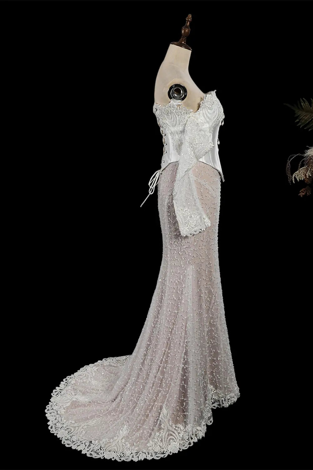 White Off The Shoulder Lace Mermaid Corset Wedding Dress SW762 Sheer Fairy