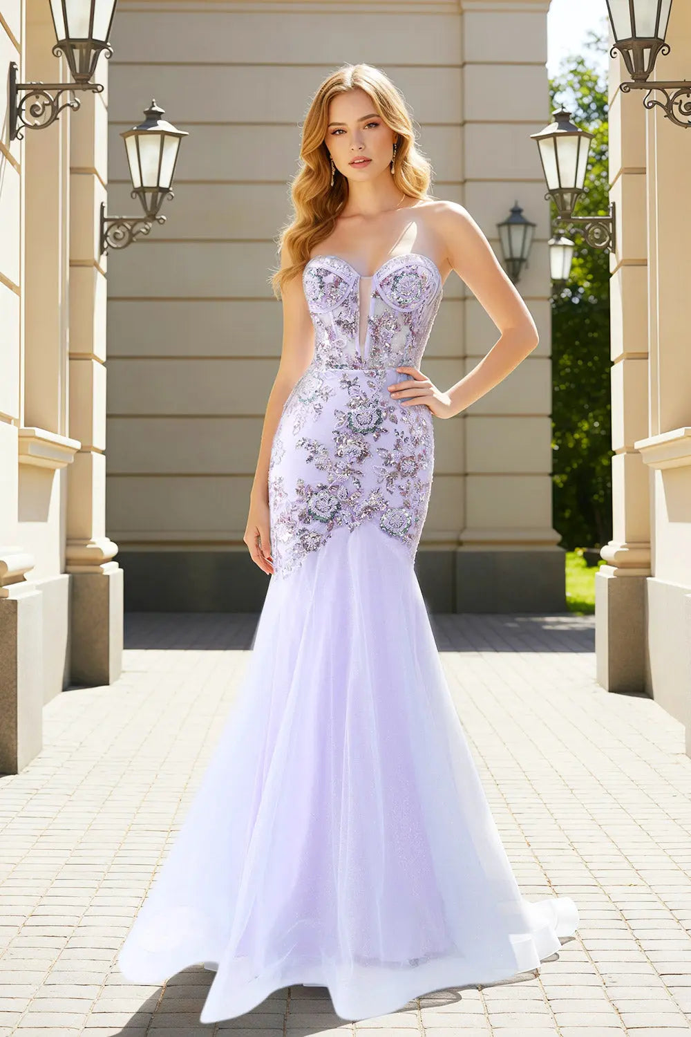 Beaded Lilac Lace Mermaid Strapless Sweetheart Prom Dress SH482 Sheer Fairy