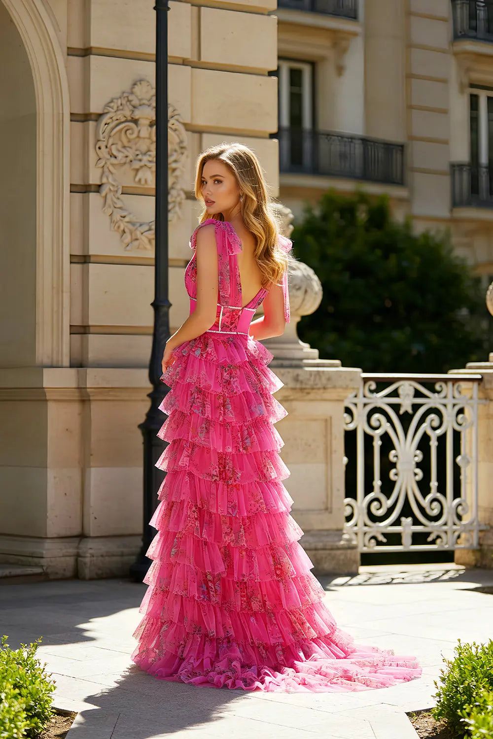 Hot Pink Tulle V-Neck A-Line Bridesmaid Dress with Tiered Ruffled Skirt SH421 Sheer Fairy