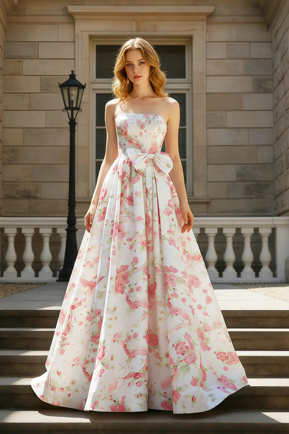 Strapless Sweetheart Pink Floral Jacquard Ball Gown Prom Dress SH415 Sheer Fairy
