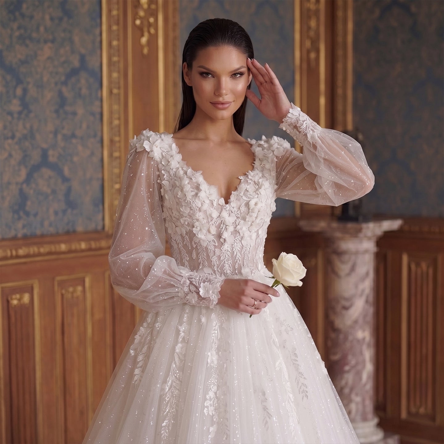 Luxury Lace Applique A-Line Wedding Dress with Puff Bishop Sleeve SW716 Sheer Fairy