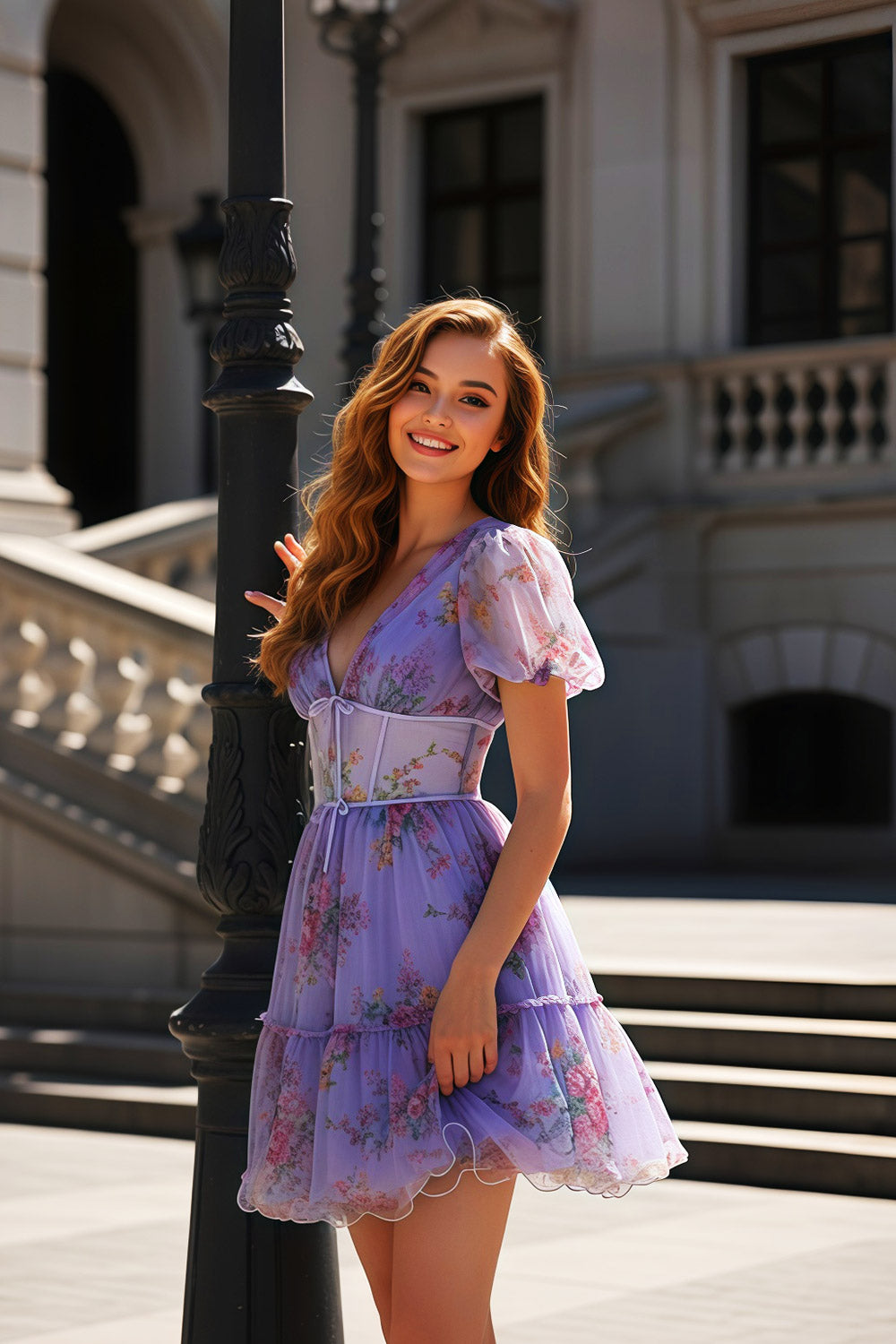 Lavender Floral Tulle V-Neck Mini Homecoming Dress RM192