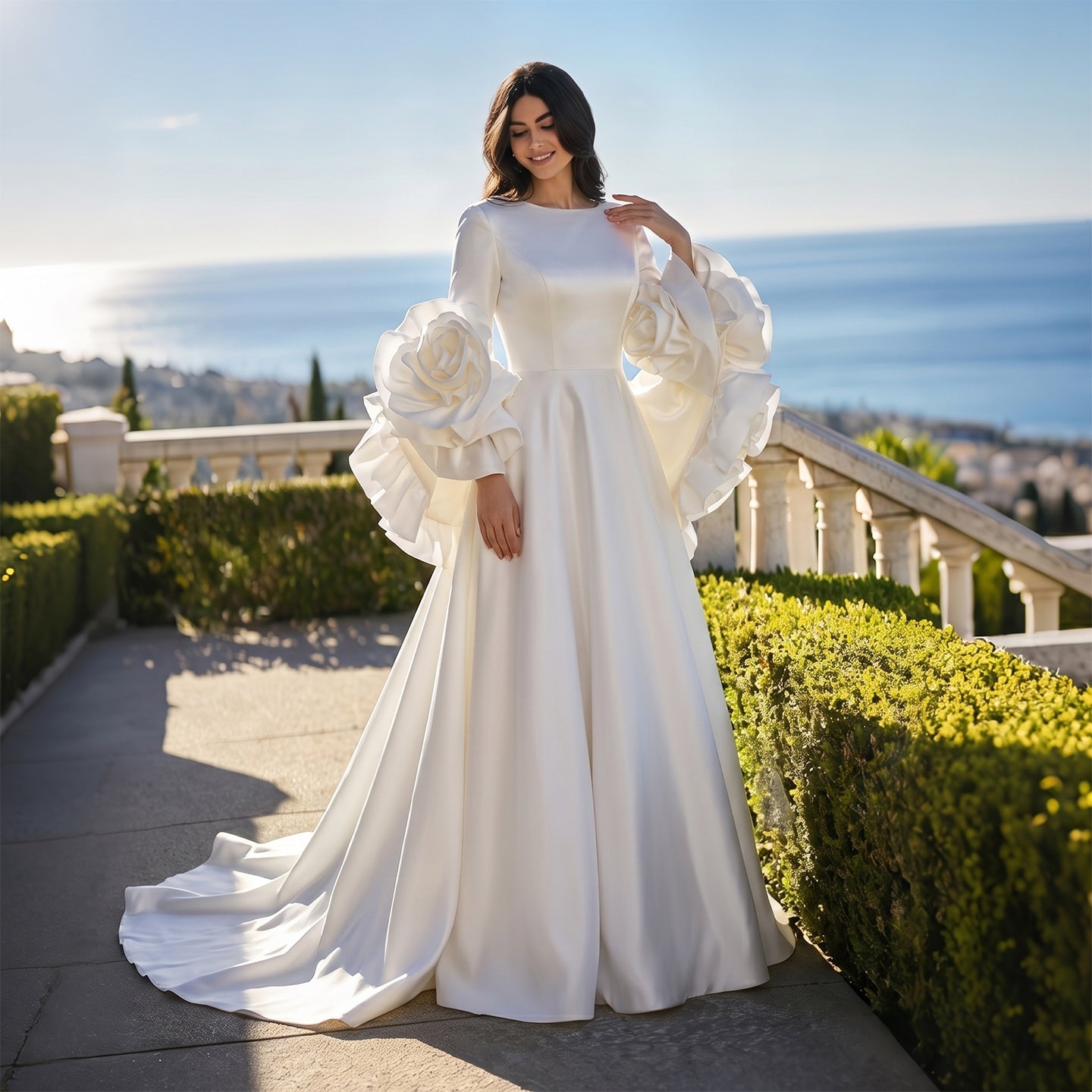 Ivory  Romantic A-Line Satin Wedding Dress 3D Rose Floral With Veil  SW661 Sheer Fairy